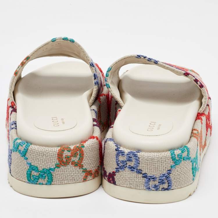 Pre Owned Gucci Multicolor Linen Psychedelic Mini GG Monogram Angelina Platform Slide Sandals Size 39