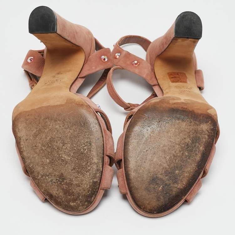 Pre Owned Gucci Old Rose Suede Crystal Embellished T-Strap Sandals Size 39.5