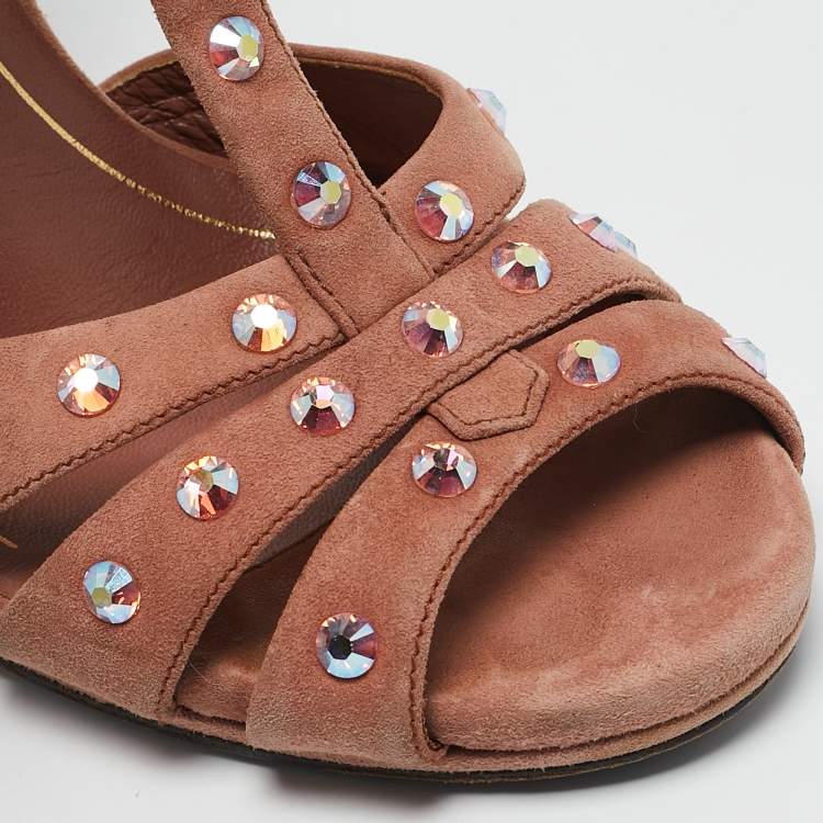 Pre Owned Gucci Old Rose Suede Crystal Embellished T-Strap Sandals Size 39.5