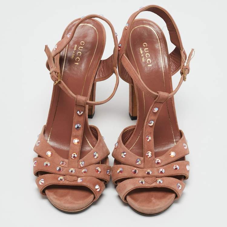 Pre Owned Gucci Old Rose Suede Crystal Embellished T-Strap Sandals Size 39.5