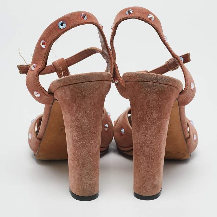 Pre Owned Gucci Old Rose Suede Crystal Embellished T-Strap Sandals Size 39.5