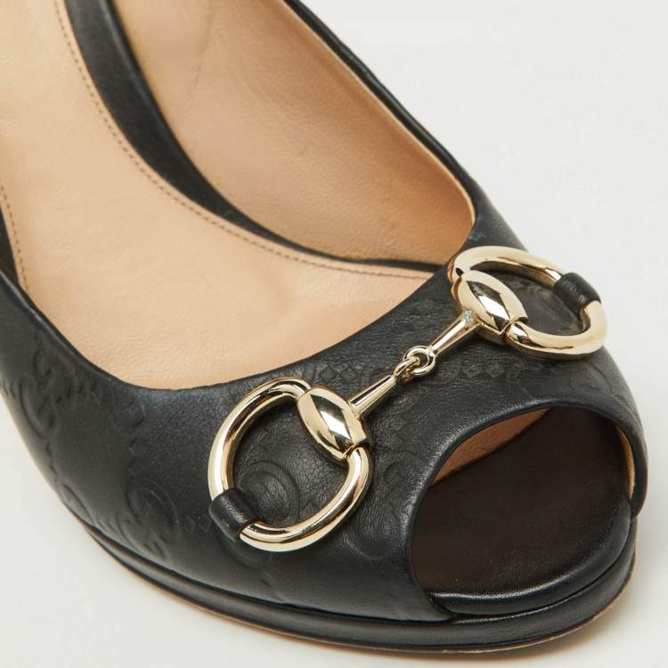 Pre Owned Gucci Black Guccissima Leather Horsebit Hollywood Peep Toe Pumps Size 39