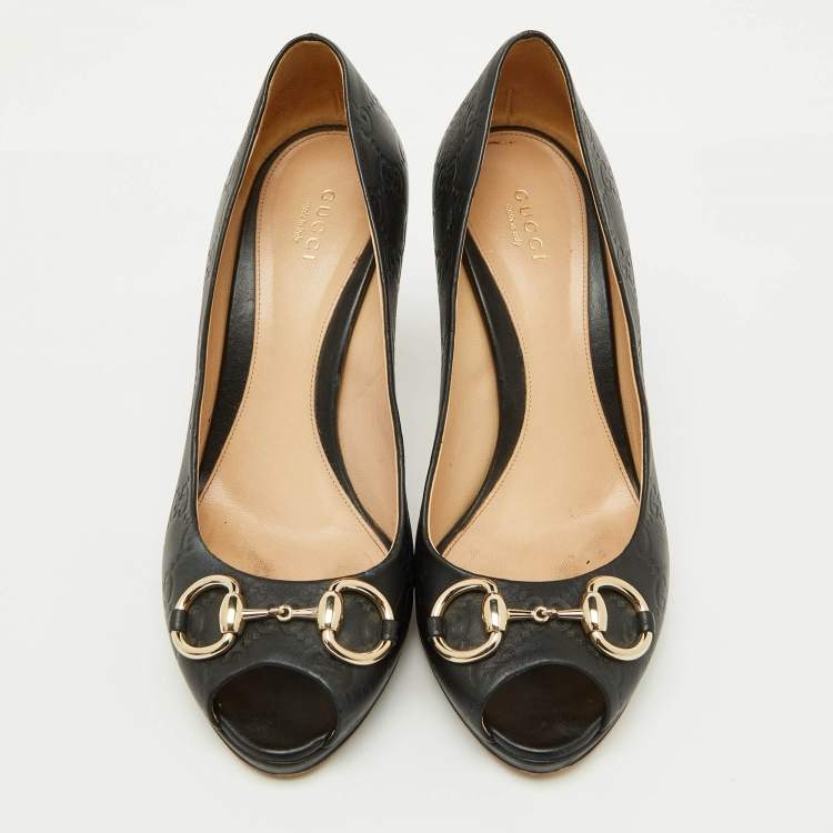 Pre Owned Gucci Black Guccissima Leather Horsebit Hollywood Peep Toe Pumps Size 39