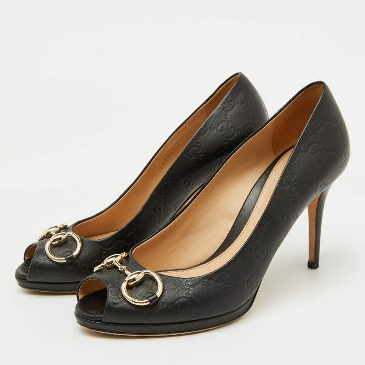 Pre Owned Gucci Black Guccissima Leather Horsebit Hollywood Peep Toe Pumps Size 39