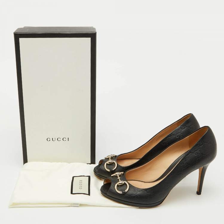 Pre Owned Gucci Black Guccissima Leather Horsebit Hollywood Peep Toe Pumps Size 39