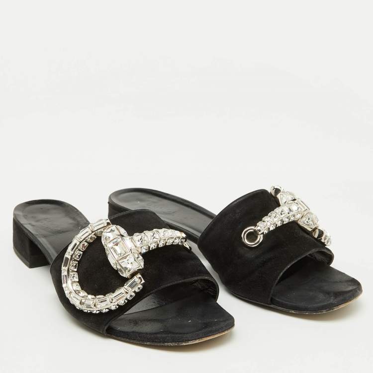Pre Owned Gucci Black Suede Crystal Embellished Maxime Slide Sandals Size 39