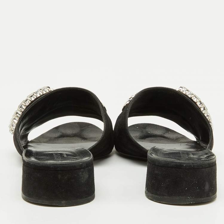 Pre Owned Gucci Black Suede Crystal Embellished Maxime Slide Sandals Size 39