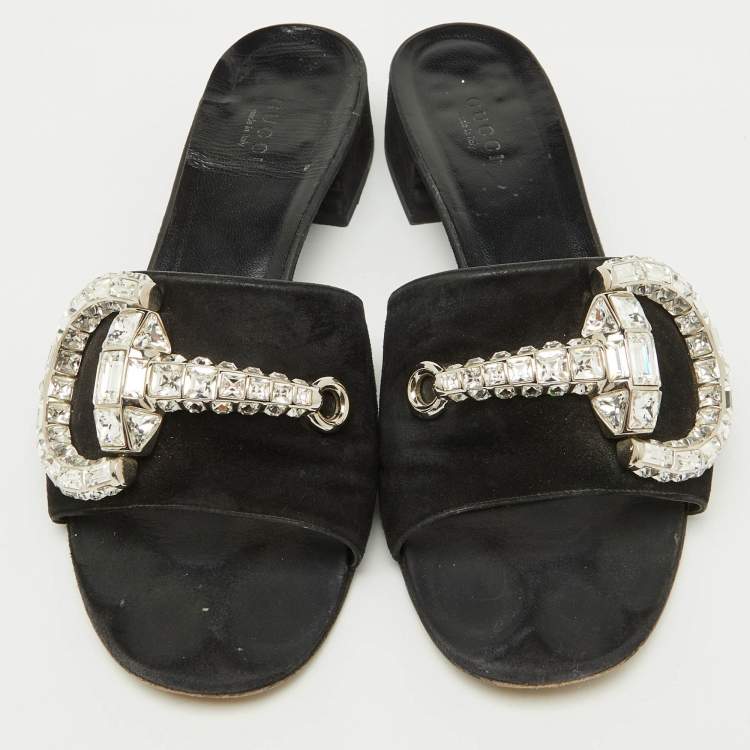 Pre Owned Gucci Black Suede Crystal Embellished Maxime Slide Sandals Size 39