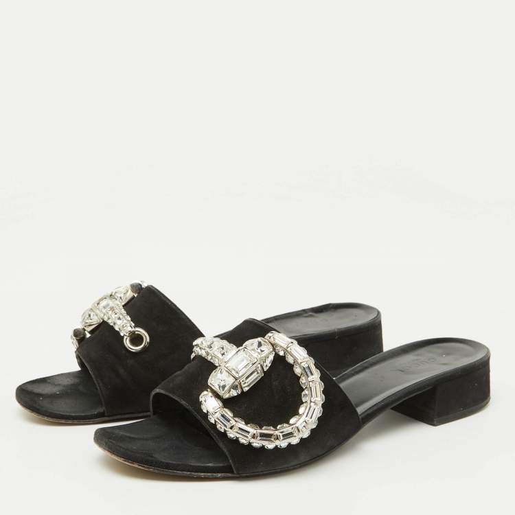 Pre Owned Gucci Black Suede Crystal Embellished Maxime Slide Sandals Size 39