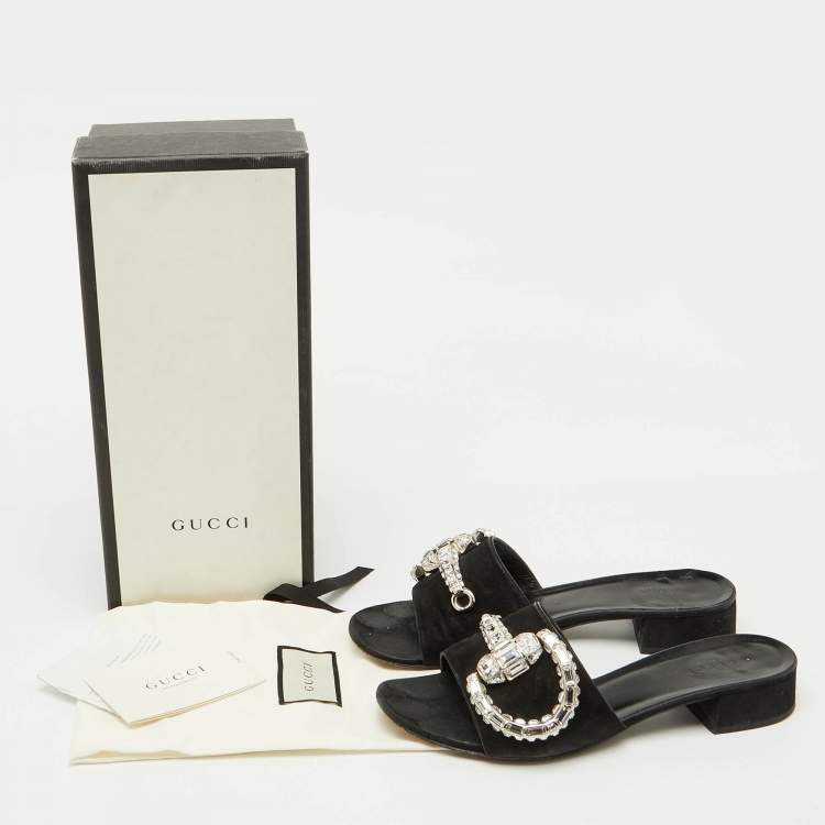 Pre Owned Gucci Black Suede Crystal Embellished Maxime Slide Sandals Size 39