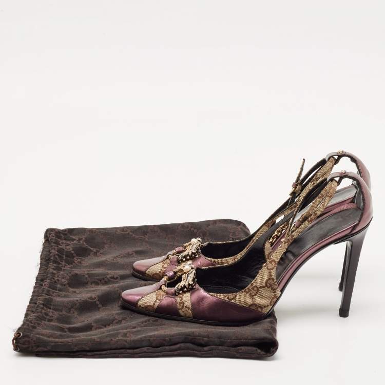 Pre Owned Gucci Beige/Purple GG Canvas and Leather Chain Detail Ankle Strap Pumps Size 39