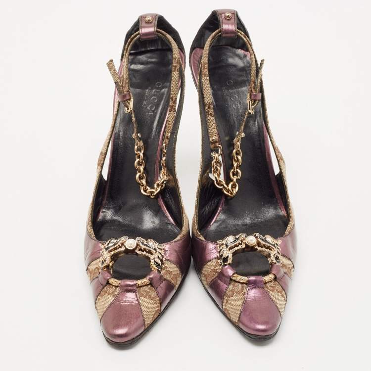 Pre Owned Gucci Beige/Purple GG Canvas and Leather Chain Detail Ankle Strap Pumps Size 39