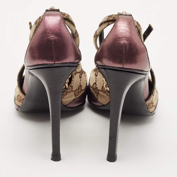 Pre Owned Gucci Beige/Purple GG Canvas and Leather Chain Detail Ankle Strap Pumps Size 39