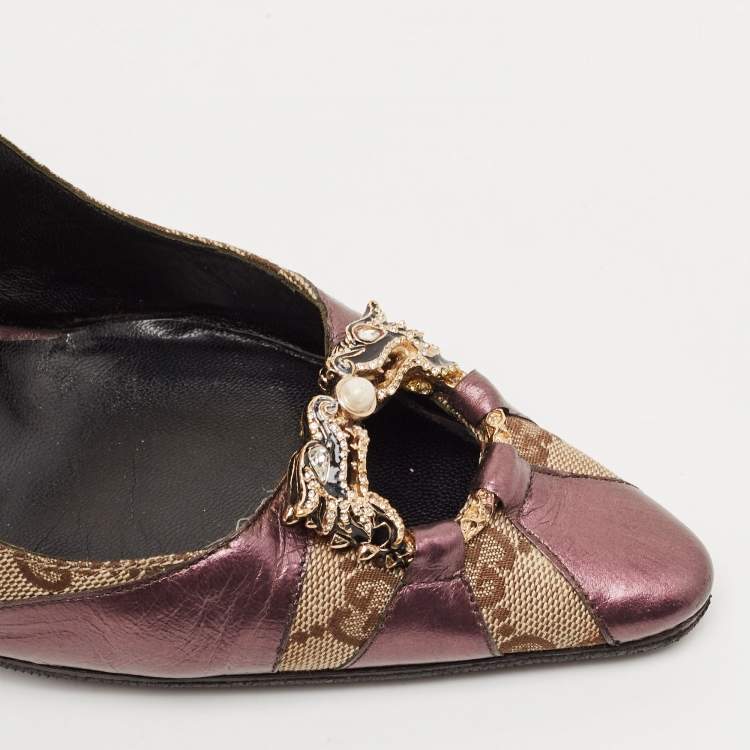 Pre Owned Gucci Beige/Purple GG Canvas and Leather Chain Detail Ankle Strap Pumps Size 39