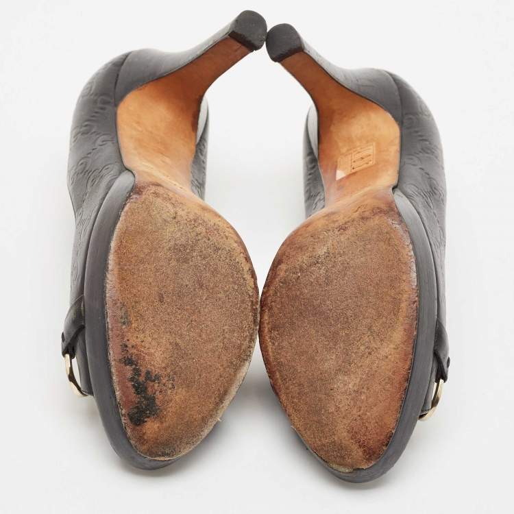 Pre Owned Gucci Black Leather Horsebit Peep Toe Platform Pumps Size 37