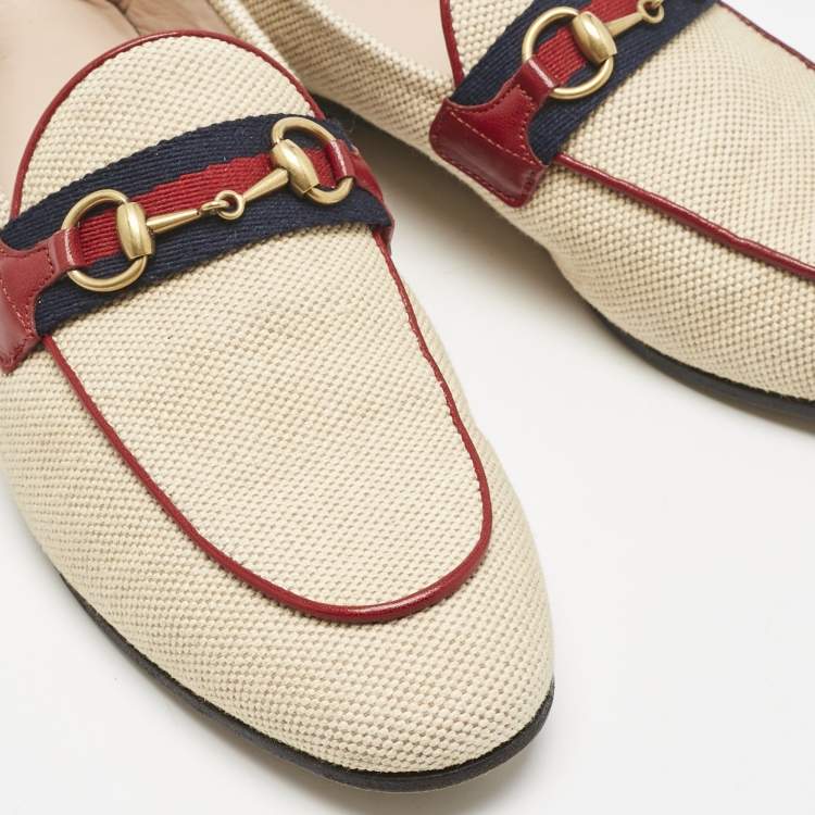 Pre Owned Gucci Beige/Brown Canvas and Leather Horsebit Brixton Loafers Size 37.5