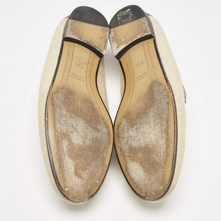 Pre Owned Gucci Beige/Brown Canvas and Leather Horsebit Brixton Loafers Size 37.5