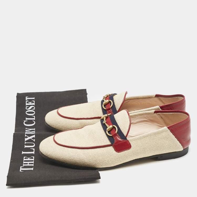 Pre Owned Gucci Beige/Brown Canvas and Leather Horsebit Brixton Loafers Size 37.5