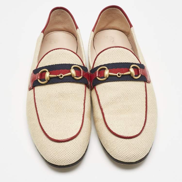 Pre Owned Gucci Beige/Brown Canvas and Leather Horsebit Brixton Loafers Size 37.5