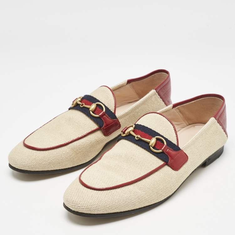 Pre Owned Gucci Beige/Brown Canvas and Leather Horsebit Brixton Loafers Size 37.5