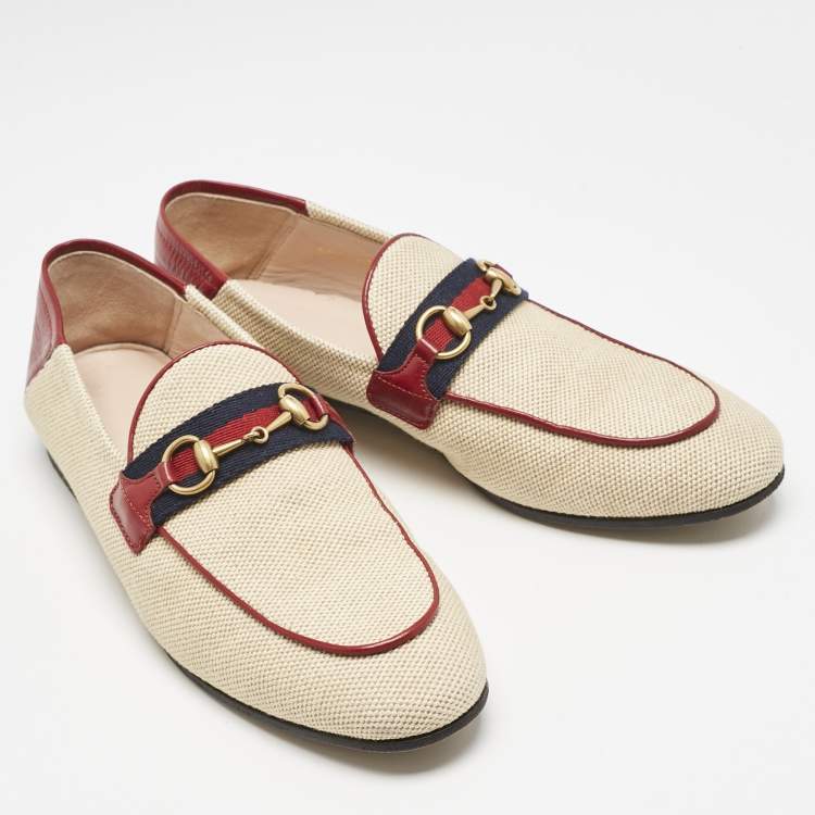 Pre Owned Gucci Beige/Brown Canvas and Leather Horsebit Brixton Loafers Size 37.5