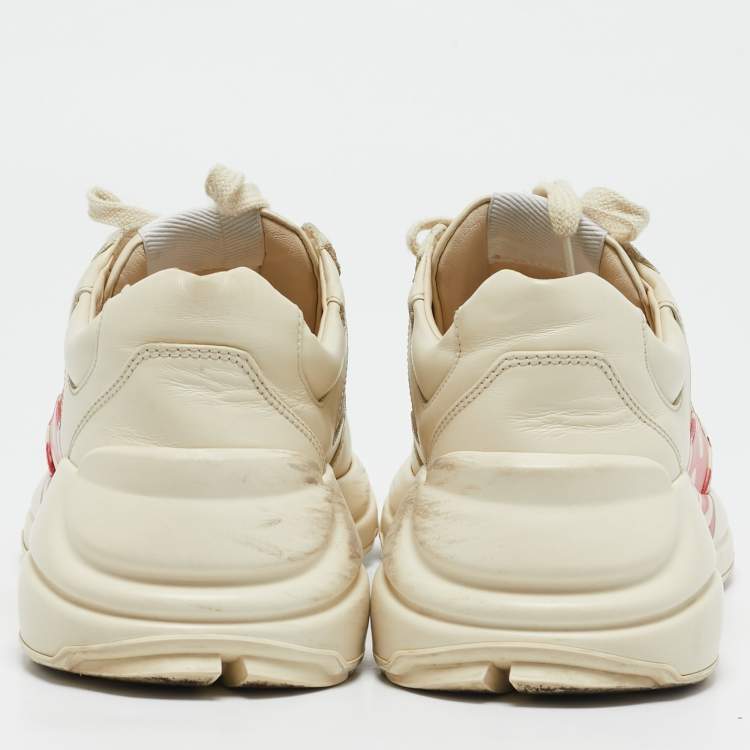 Pre Owned Gucci Cream Leather Rhyton Low Top Sneakers Size 37.5