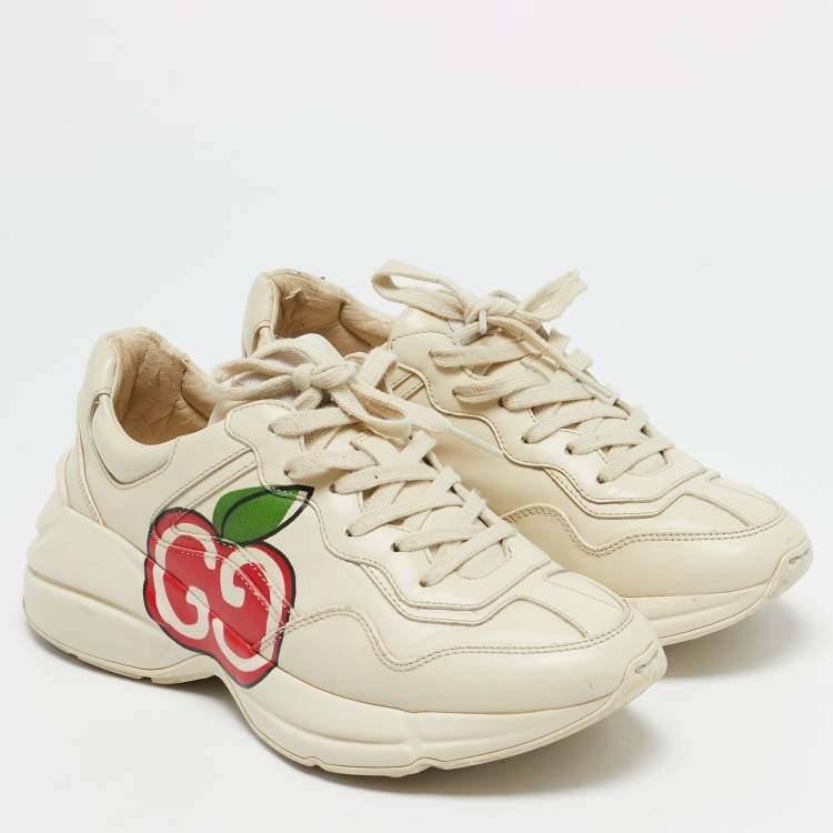 Pre Owned Gucci Cream Leather Rhyton Low Top Sneakers Size 37.5