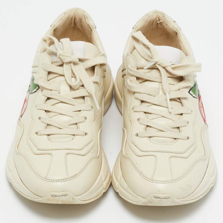 Pre Owned Gucci Cream Leather Rhyton Low Top Sneakers Size 37.5
