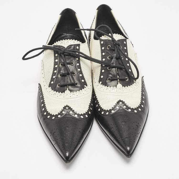 Pre Owned Gucci Black/White Brogue Leather Pointed Toe Oxfords Size 40