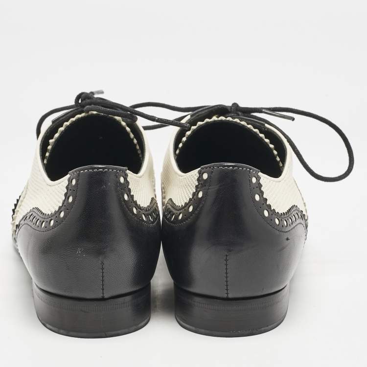 Pre Owned Gucci Black/White Brogue Leather Pointed Toe Oxfords Size 40