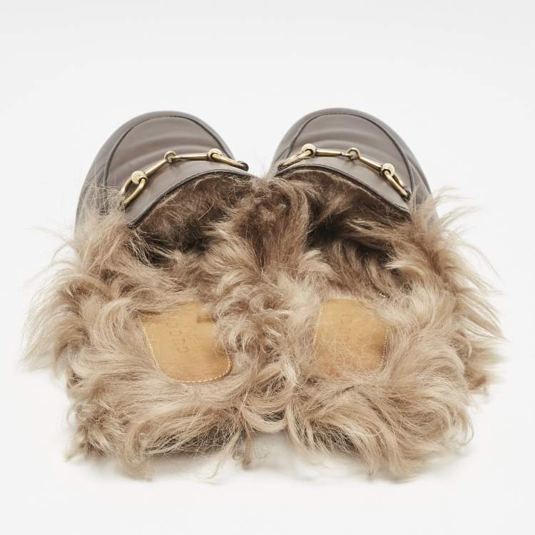 Pre Owned Gucci Brown Leather And Fur Princetown Mule Sandals Size 39