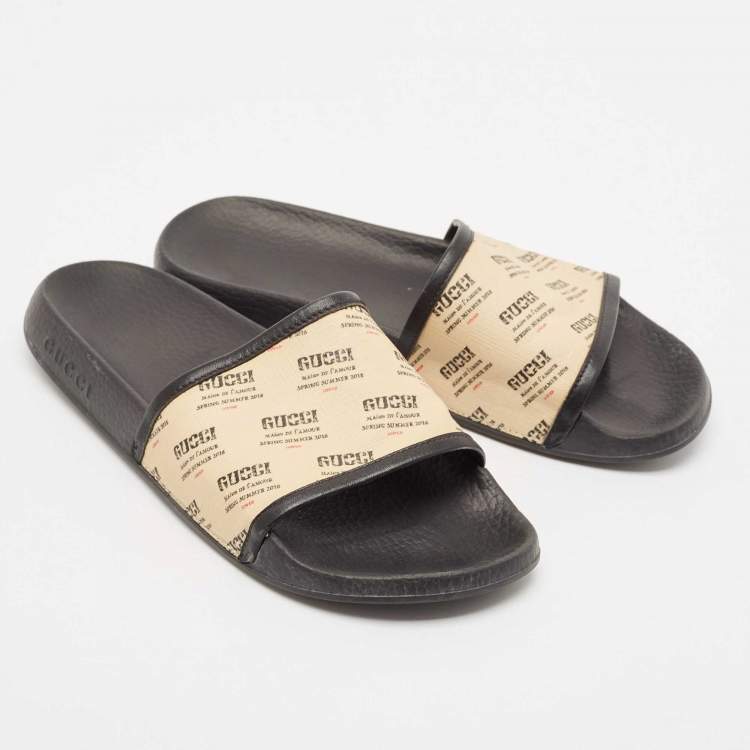 Pre Owned Gucci Cream/Black Canvas and Leather Flat Sandals Size 41