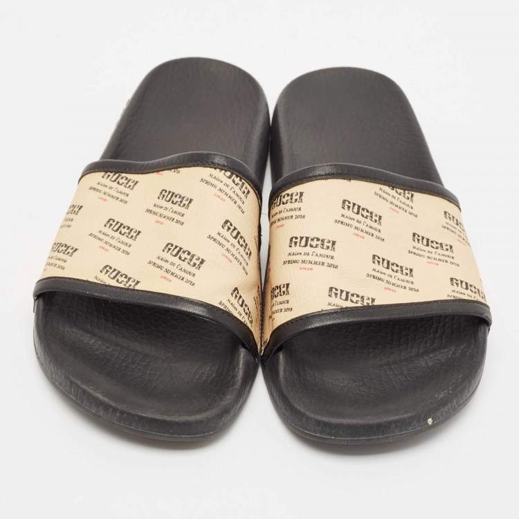 Pre Owned Gucci Cream/Black Canvas and Leather Flat Sandals Size 41