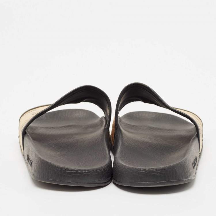 Pre Owned Gucci Cream/Black Canvas and Leather Flat Sandals Size 41