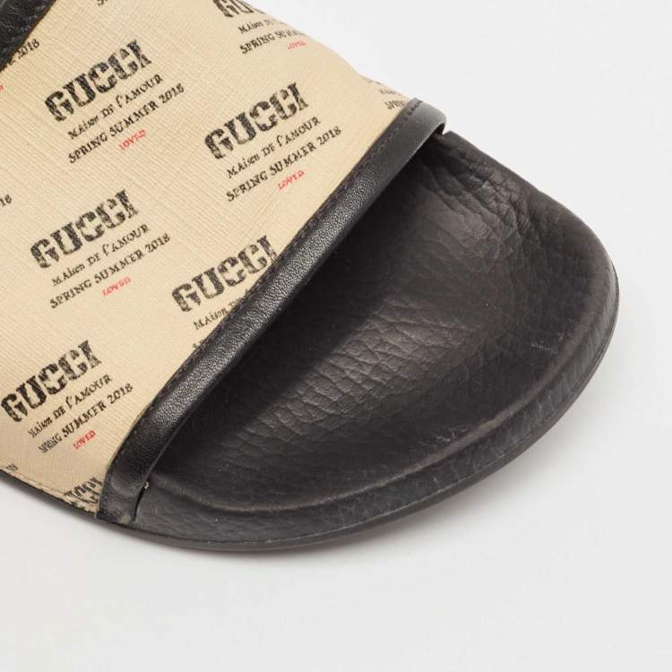 Pre Owned Gucci Cream/Black Canvas and Leather Flat Sandals Size 41