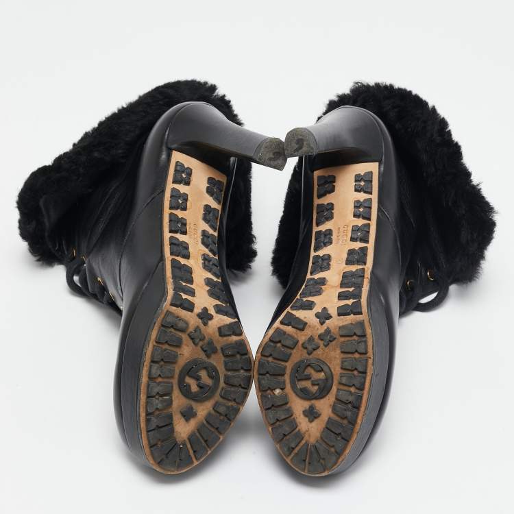 Pre Owned Gucci Black Leather and Fur Lace Up Platform Ankle Boots Size 37