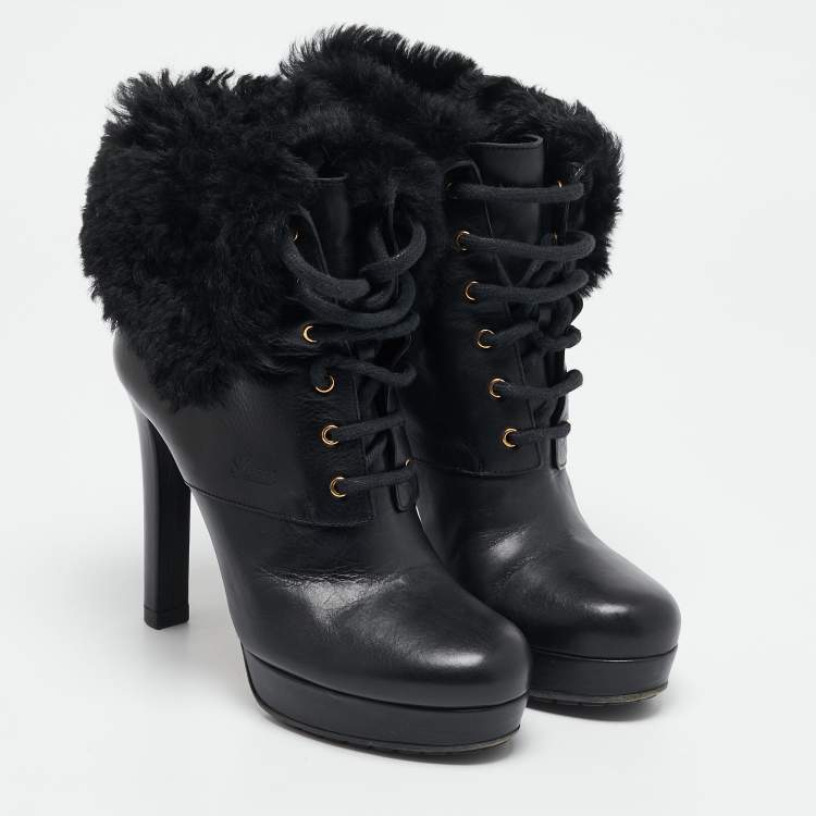 Pre Owned Gucci Black Leather and Fur Lace Up Platform Ankle Boots Size 37