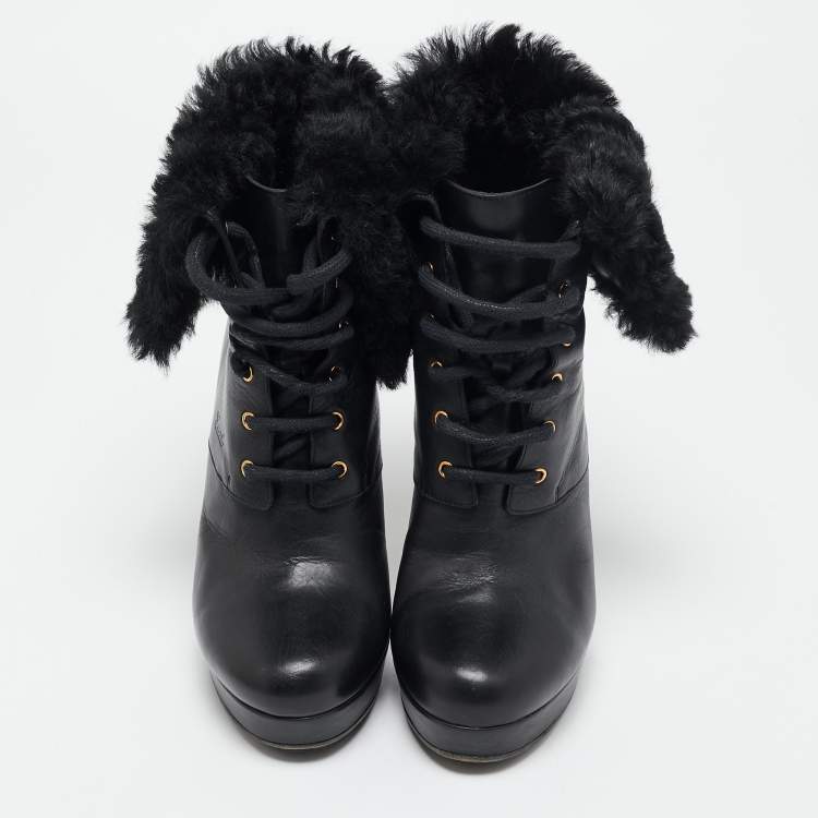 Pre Owned Gucci Black Leather and Fur Lace Up Platform Ankle Boots Size 37