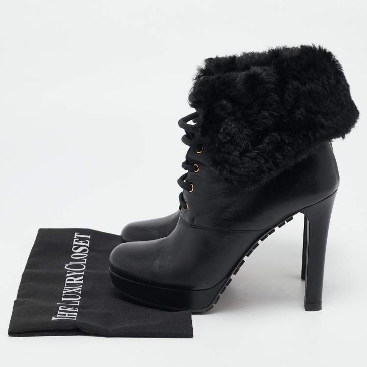 Pre Owned Gucci Black Leather and Fur Lace Up Platform Ankle Boots Size 37