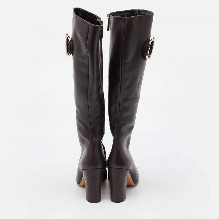Pre Owned Gucci Dark Brown Leather Horsebit Knee Length Boots Size 36
