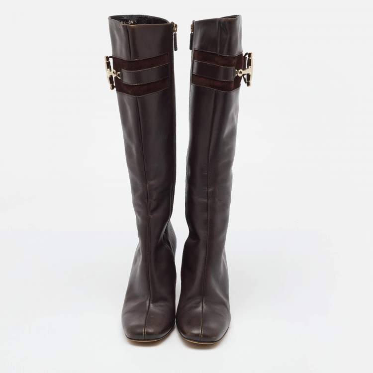 Pre Owned Gucci Dark Brown Leather Horsebit Knee Length Boots Size 36