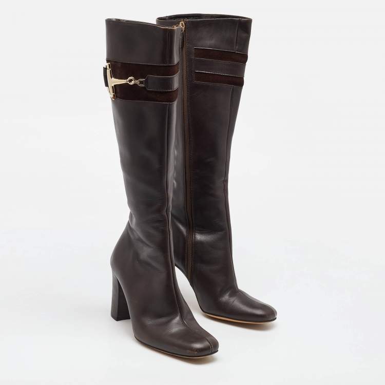 Pre Owned Gucci Dark Brown Leather Horsebit Knee Length Boots Size 36
