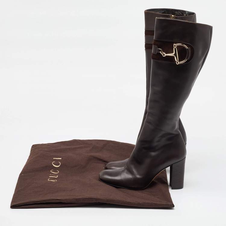 Pre Owned Gucci Dark Brown Leather Horsebit Knee Length Boots Size 36