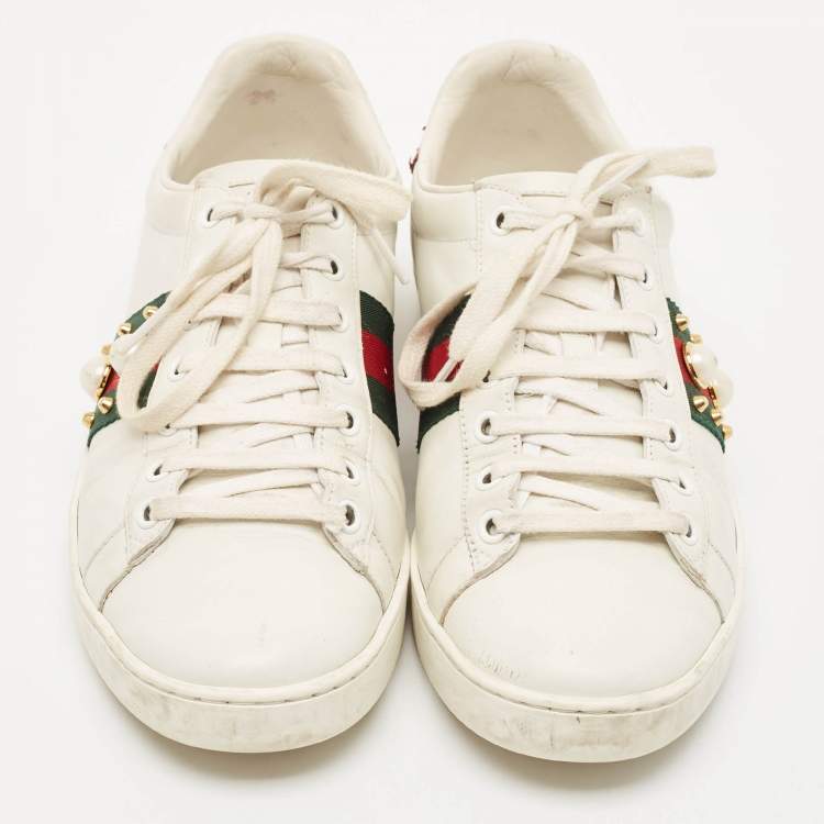 Pre Owned Gucci White Leather and Python Embossed Ace Lace Up Sneakers Size 38.5