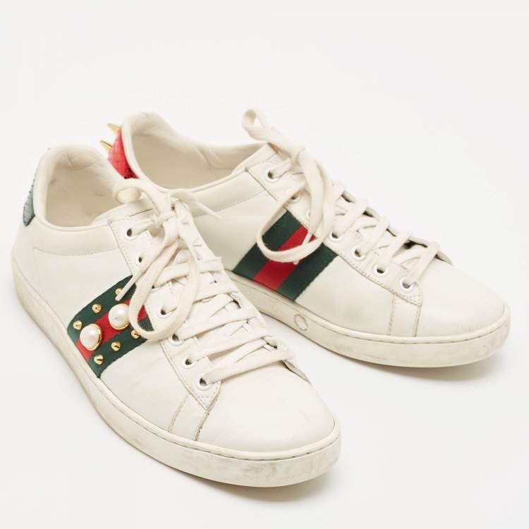 Pre Owned Gucci White Leather and Python Embossed Ace Lace Up Sneakers Size 38.5