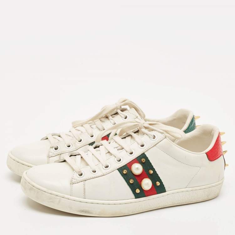 Pre Owned Gucci White Leather and Python Embossed Ace Lace Up Sneakers Size 38.5