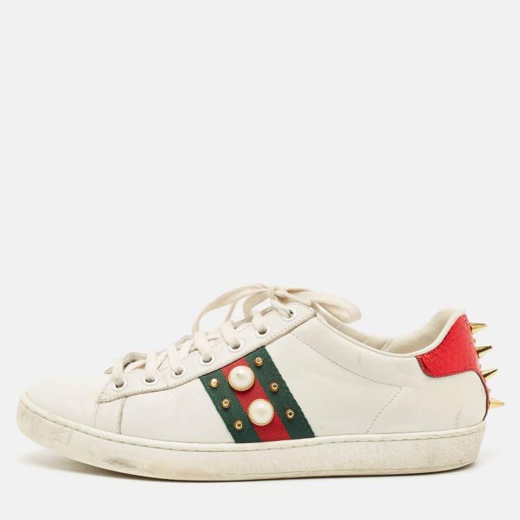 Pre Owned Gucci White Leather and Python Embossed Ace Lace Up Sneakers Size 38.5