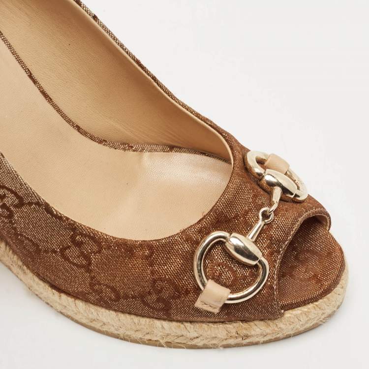 Pre Owned Gucci Beige GG Canvas Charlotte Horsebit Wedge Peep Toe Espadrille Pumps Size 36.5