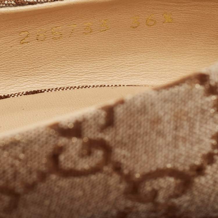 Pre Owned Gucci Beige GG Canvas Charlotte Horsebit Wedge Peep Toe Espadrille Pumps Size 36.5