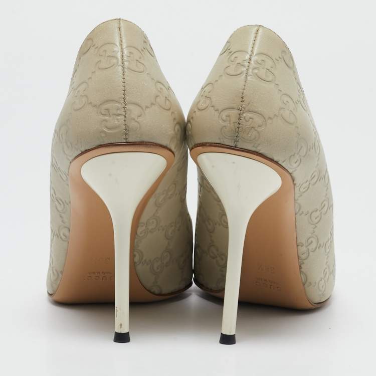 Pre Owned Gucci Off White Guccissima Leather Horsebit Peep Toe Pumps Size 38.5